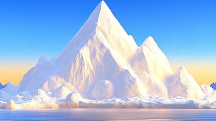 Wall Mural - majestic snow-covered mountain peak at sunrise, reflecting in calm water.