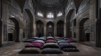 Wall Mural - Interior of ancient building with colorful cushions.