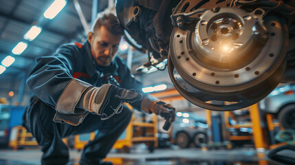 An auto mechanic inspecting the brakes on a vehicle. stock image, hd quality