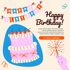 Birthday greeting cards design with cake, balloons and typography design. Abstract universal grunge artistic templates. For poster, business card, invitation, flyer, banner, email header