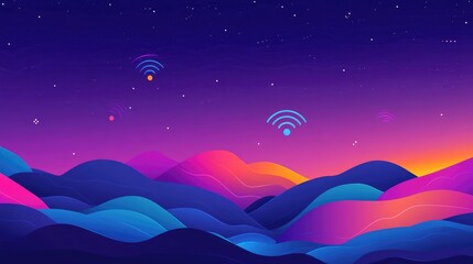 Poster - An abstract concept of wireless signals in colorful gradients on a dark purple background.