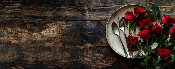 plate, cutlery, and red roses on a wooden background, creating a romantic dinner concept with free s
