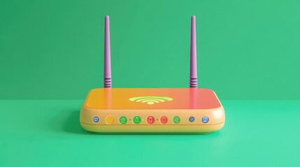 Poster - A colorful Wi-Fi router illustration on a bright green background.