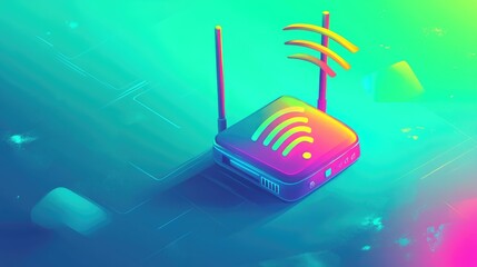 Poster - A colorful Wi-Fi router illustration on a bright green background.
