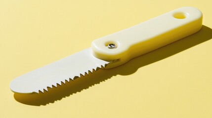 Poster - A compact PVC pipe saw shown from a side profile on a pastel yellow surface.