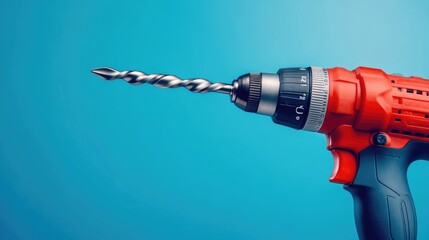 Poster - A drill bit and chuck assembly of an electric drill captured up-close on a bold blue background.