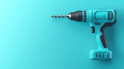 Poster - A drill placed vertically with its bit pointing downwards, on a solid blue background.