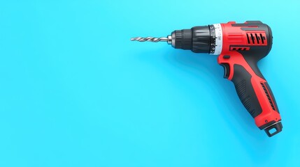 Poster - A drill placed vertically with its bit pointing downwards, on a solid blue background.