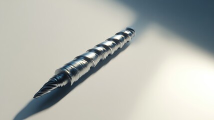 Poster - A drill with a long metal bit on a light grey background, casting a soft shadow.