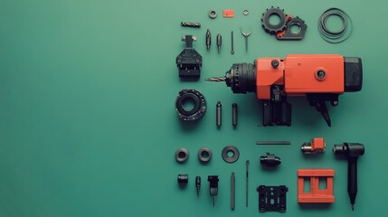 Poster - A flat-lay of a drilling machine and its attachments placed neatly on a bright green surface.