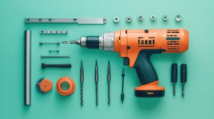 Poster - A flat-lay of a drilling machine and its attachments placed neatly on a bright green surface.