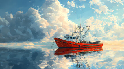 Wall Mural - A realistic view of a red fishing boat anchored in a serene harbor, capturing intricate details of the boat and surrounding water. Cloud Harbor. Illustration