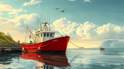 Wall Mural - A realistic view of a red fishing boat anchored in a serene harbor, capturing intricate details of the boat and surrounding water. Cloud Harbor. Illustration