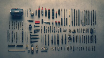 Poster - A flat-lay view of an electric drill with multiple bits arranged neatly on a smooth grey background.