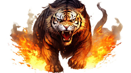 Wall Mural - roaring tiger with fire isolated on a white transparent background