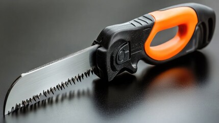Poster - A PVC pipe saw with an anti-slip grip displayed on a bold black surface with reflective lighting.