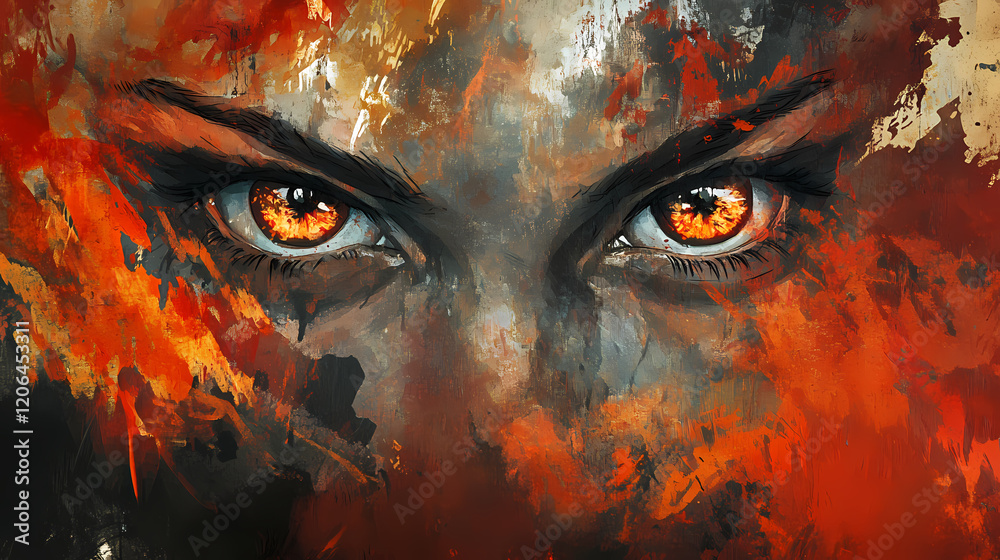 Fierce eyes ablaze with intensity reflect the turmoil of war, as a ...