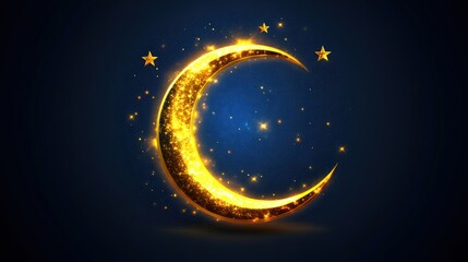 Wall Mural - golden crescent moon with sparkling stars on dark blue night sky