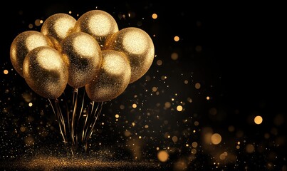 Poster - Golden Glitter Balloons Floating Against a Black Background, Sparkles Falling, Festive and Celebratory Mood