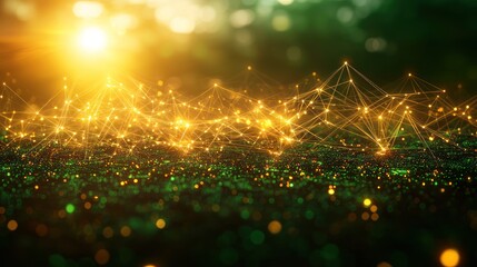 Poster - Golden Glittering Landscape with Green Bokeh Lights: An Abstract Image