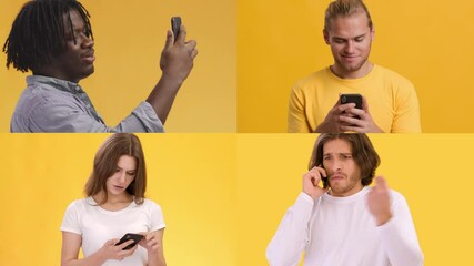 Poster - Four individuals are focused on their smartphones, each displaying different expressions and reactions. The vibrant yellow backdrop adds a lively atmosphere to the moment.