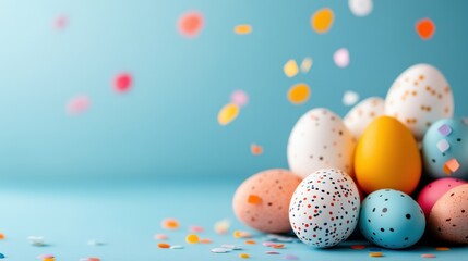 Colorful Easter eggs nestle in vibrant background full of confetti and joy