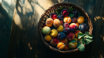 Wall Mural - A basket filled with a colorful assortment of summer fruits like peaches, plums, and apricots, placed on a rustic wooden table in the sun