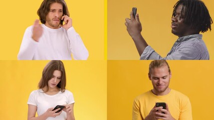 Poster - Four people engage with their smartphones, each displaying different emotions and expressions. The bright yellow backdrop enhances the lively atmosphere of their interactions.