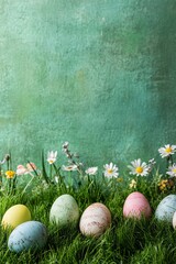 Poster - Colorful easter eggs hiding in green grass with wildflowers