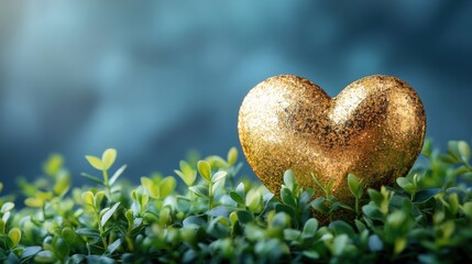 Wall Mural - Shimmering golden heart decoration resting on vibrant green foliage against a soft blue background