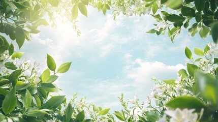 Aufkleber - Sunlight shining through green leaves and white flowers on blue sky
