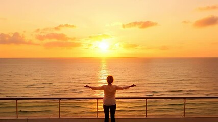 Fototapete - Backlit Portrait of calm happy smiling free woman with open arms enjoys a beautiful moment life on a cruise deck at sunset	
