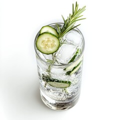 Wall Mural - A refreshing Gin and Tonic with a slice of cucumber and a sprig of rosemary, served in a tall glass filled with ice, the clear drink sparkling