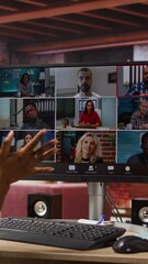 Poster - Vertical video Employee greeting coworkers during videocall from home desk, organizing calendar appointments. Worker preparing for corporate event, doing remote videoconference meeting with colleagues