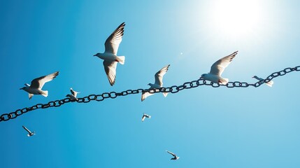 Aufkleber - A flock of birds soaring into a clear blue sky, with broken chains lying on the ground, symbolizing freedom, liberation, and breaking through barriers
