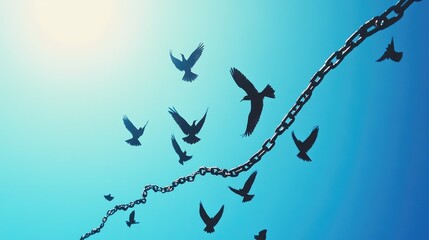 Aufkleber - A flock of birds soaring into a clear blue sky, with broken chains lying on the ground, symbolizing freedom, liberation, and breaking through barriers