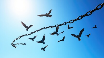 Aufkleber - A flock of birds soaring into a clear blue sky, with broken chains lying on the ground, symbolizing freedom, liberation, and breaking through barriers