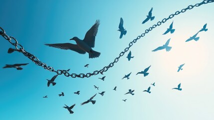 Aufkleber - A flock of birds soaring into a clear blue sky, with broken chains lying on the ground, symbolizing freedom, liberation, and breaking through barriers
