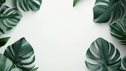 Poster - Tropical monstera leaves creating a frame on white background
