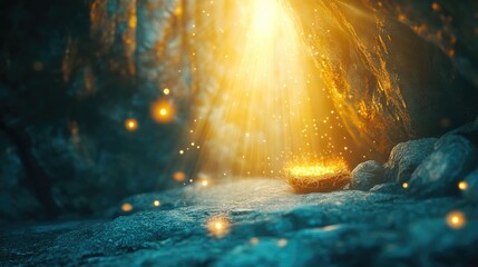 Poster - A peaceful cave with a glowing manger, ethereal beams of light shining down, and a soft bokeh effect to enhance the divine and sacred atmosphere