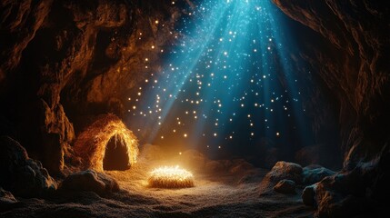 Poster - A peaceful cave with a glowing manger, ethereal beams of light shining down, and a soft bokeh effect to enhance the divine and sacred atmosphere
