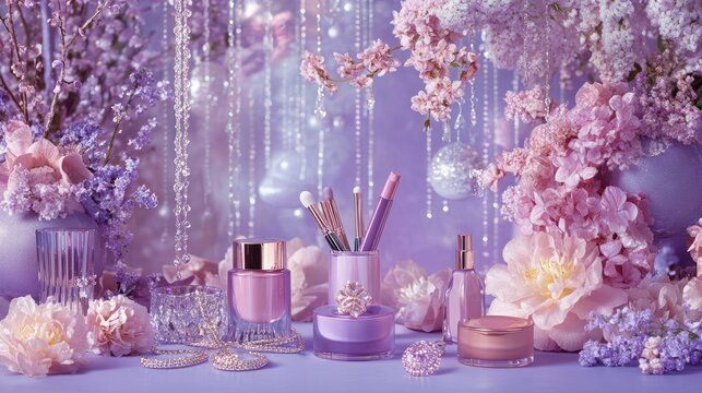 A sophisticated pastel purple display with luxury cosmetics, sparkling jewelry, and delicate flowers, creating a chic and refined fashion-forward look