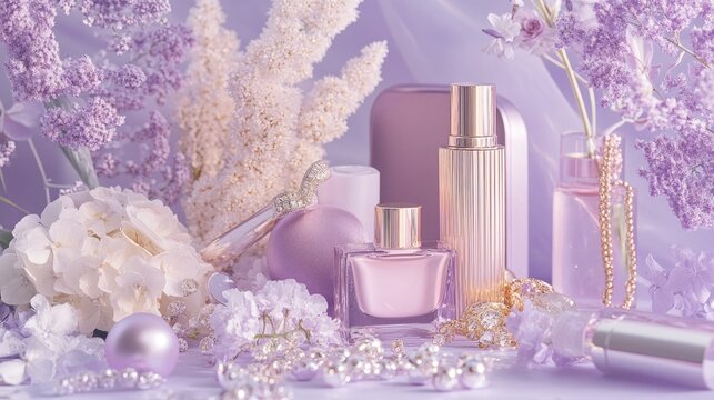 A sophisticated pastel purple display with luxury cosmetics, sparkling jewelry, and delicate flowers, creating a chic and refined fashion-forward look