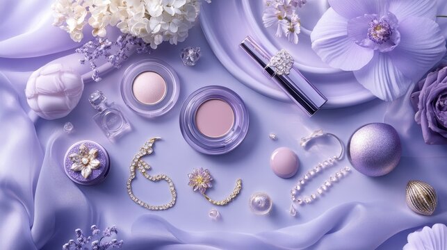 A sophisticated pastel purple display with luxury cosmetics, sparkling jewelry, and delicate flowers, creating a chic and refined fashion-forward look