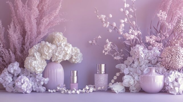 A sophisticated pastel purple display with luxury cosmetics, sparkling jewelry, and delicate flowers, creating a chic and refined fashion-forward look