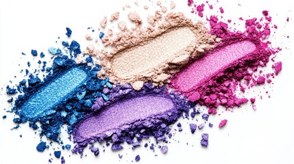 Aufkleber - A top-down view of vibrant eyeshadow powder in blue, pink, purple, and beige hues, scattered in an artistic pattern on a white background, showcasing color and texture