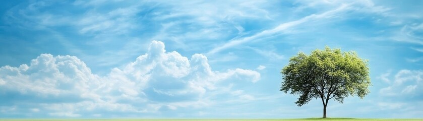 Wall Mural - Serene landscape, a lone tree in vast green field under bright blue sky solitary