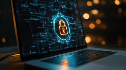 Poster - Close-up of a stethoscope with a digital lock icon on the laptop screen, symbolizing cybersecurity for online healthcare data protection