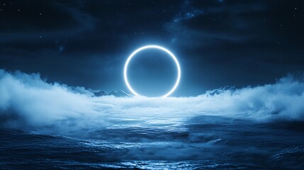 Poster - Glowing neon circle floating above wavy ocean at night with mountains and stars