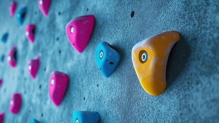 Aufkleber - Close-up of colorful pink, blue, and yellow climbing grips on a modern gray wall, showcasing a minimalist design for a dynamic indoor climbing environment